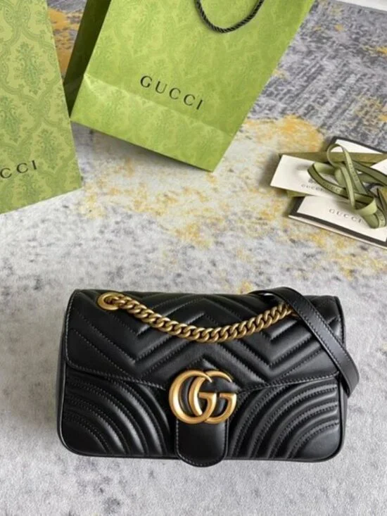 GUCCI Black Leather GG Marmont Shoulder Bag - Picture 1 of 9